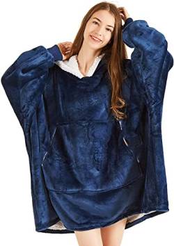 WEASHUME Übergroße Sherpa Hoodie Decke, Super Weiche Gemütliche Warme Sweatshirt Riesen Hoodie Oversized Pullover Flauschig Kuschel TV-Decke für Damen, Männer, Jugendliche, Blau von WEASHUME