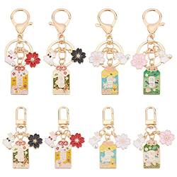WEBEEDY 8 Stück Kirschblüten Schlüsselanhänger mit Kaninchen Metall Blumen Kirschblüten Schlüsselanhänger für Tasche, Geldbörse, Rucksack, Handtasche von WEBEEDY