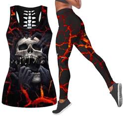 Totenkopf-bedrucktes 3D-Hohl-Tanktop und Yoga-Leggings für Damen, 2-teiliges lässiges Sweatanzug-Outfit, Tanktopsnleggings, 48 von WEGUKRI