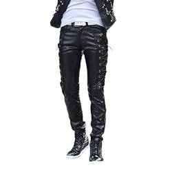 WEGUKRI Herren Lederhose Punk Skinny Lace Up Party Bühne Nachtclub Steampunk Kunstleder Slim Hose, Schwarz , 44 von WEGUKRI