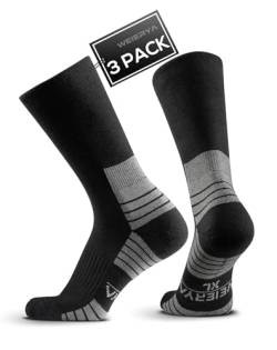 WEIERYA Wandersocken aus Merino Wolle, Crew Trekkingsocken Sportsocken für Herren & Damen, 3 Paar Gepolsterte Outdoor-Socken, Schwarz M von WEIERYA