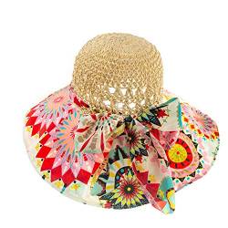 WEIGEER Straw Hat Women Beach Sun Hat Foldable Wide Brim Floppy Summer Hat for Women Strohhut für Damen Weißer Strand-Sonnenhut Faltbar (Weiß-rosa) von WEIGEER