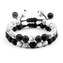 WEISSBIGR 2 Stück/Set Perlenarmband, Perlenarmband für Paare, Damen, Herren, Freunde, Geschenk, Stretch-Schmuck (Metallfarbe: Lavaweiß-A) (mehrfarbiges Tigerauge-Schwarz) von WEISSBIGR