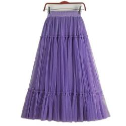 Frauen Tutu Tüll Langer Rock 2023 Frühling Sommer Koreanisch Elegant Solide A-Linie Hohe Taille Gefalteter Maxirock Weiblich Lila-Lila-Einheitsgröße von WEITING