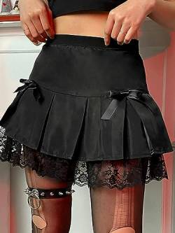 Gothic dunkle Spitze Gothic hohe Taille Faltenminirock Harajuku schwarz süßer A-Linie Minirock Spleißen weiblich sexy Party-Schwarz-S von WEITING