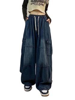Harajuku Vintage Blue Cargo Jeans Damen Übergroße Y2K Grunge Schwarze Jeanshose Hip Hop Streetwear Hose mit weitem Bein von WEITING