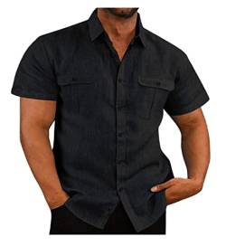 Herrenhemd for Herren Kurzarmhemd Leinenhemd Mit 2 Taschen Lässiges Kurzarmhemd Regular Fit Party Strandhemd Herren T-Shirt (Color : Noir, Size : 4XL) von WEITING