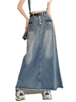 Modedesign Maxi-Jeansrock Damen 2023 Neu Vintage Knopftaschen Quaste A-Linie Hohe Taille Langer Jeansrock Weiblich-Hellblau-M von WEITING