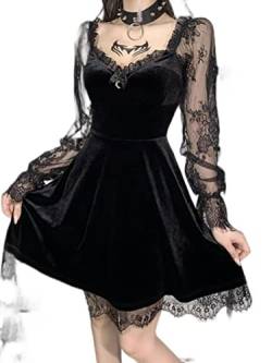 Neues Gothic-Lolita-Mädchen-Spitzenbesatz-Samt-A-Linien-Kleid für Damen, sexy Perspektive, langärmelig, V-Ausschnitt, schmales Minikleid, Cosplay-Party-Kostüm, Schwarz, XL von WEITING