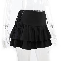 Plissee-Minirock, schwarz, für Damen, Sommer, hohe Taille, Bandage, Rüschen, Abgestuft, Gothic, Straße, sexy, Kreuzbindung, A-Linie, Minirock, Schwarz, L von WEITING