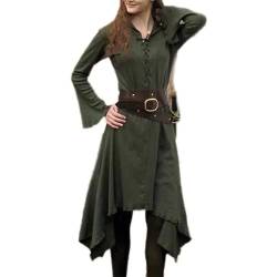 Vintage-Kleid für Damen, solides V-Ausschnitt, Lange Ärmel, mittellanges Gothic-Kleid, mittelalterliches Damen-Cosplay-Kostüm ohne Gürtel, 1 Grün, M von WEITING