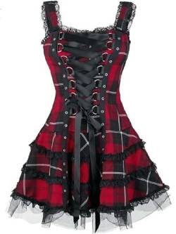 Vintage Plaid Bandage Gothic Frauen A-Linie Kleider Grunge Ästhetische Spitze Trim Patchwork Minikleid Punk Bodycon Sexy Partywear-Rot-XXXL von WEITING