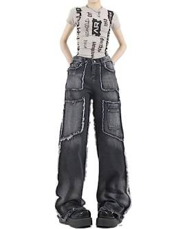 WEITING Amerikanische Retro Hohe Taille Grat Rand Gerade Jeans Hosen Frauen Casual Y2K Breite Bein Grunge Streetwear Stil Denim Hose von WEITING