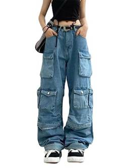 WEITING Blau Gewaschene Cargohose mit Mehreren Taschen, Y2k-Retro-High-Street-Mode, hohe Taille, Jeans, Paar, Harajuku, einfache lässige Hose mit weitem Bein von WEITING