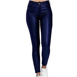 WEITING Damen-Leggings, Unterteil In Lederoptik, Stretch-Jeggings Mit Reißverschluss Lederhose (Color : Blue, Size : XL) von WEITING