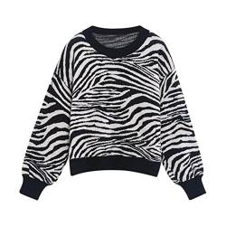 WEITING Damen Pullover Zebra Muster Koreanische Mode O-Ausschnitt Casual Frauen Kleidung Retro Pullover Damen Winter Harajuku Top Damen-Schwarz, Einheitsgröße von WEITING