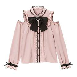 WEITING Damen Übergroßes Frühlings-Damen-Spitzen-Schleifen-Langarm-Rosa-Kleid-Hemd-Mädchen-Weinlese-japanische Oberteile-1,M von WEITING