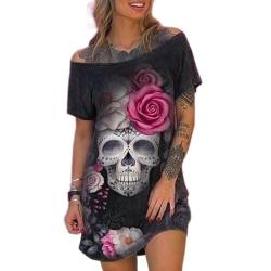 WEITING Europäisches und amerikanisches großes Kleid, modischer und sexy Kurzarmrock mit schräger Schulter und Totenkopf-Print für Damen-Schwarz-L von WEITING