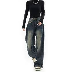 WEITING Frühling und Sommer Neue Jeans Damen hohe Taille schlank gerades Bein lose amerikanische Retro High Street Freizeithose Hose mit weitem Bein-dunkelblau-S von WEITING