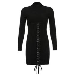 WEITING Gothic Schnürung Schwarz Korsett Kleider Frauen Streetwear Ästhetisch Vintage Bodycon Kleid Langarm Harajuku Sexy Party Kleid-Schwarz, S von WEITING