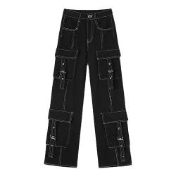 WEITING Schwarze Gothic-Kleidung, Taschen, gerade Hose mit weitem Bein, Baggy-Jeans, Damen-Cargohose, Vintage, hohe Taille, Streetwear, Denim-Hose-1-XL von WEITING