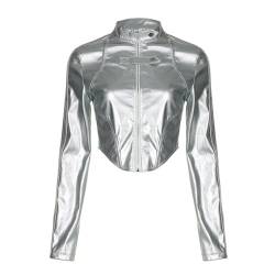 WEITING Silberne reflektierende Streifen, geteilte Motorrad-Stil-Lederjacke für Damen, 2023 American Hot Girl, unregelmäßiger Reißverschluss, Cardigan-Jacke, Silber, L von WEITING