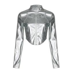 WEITING Silberne reflektierende Streifen, geteilte Motorrad-Stil-Lederjacke für Damen, 2023 American Hot Girl, unregelmäßiger Reißverschluss, Cardigan-Jacke, Silber, M von WEITING