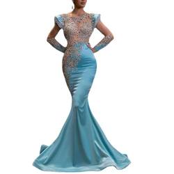 WEITING Täglicher hellblauer Fischschwanzrock, Bankett, lang, Sand, Goldserie, schlankes Temperament, Party-Abendkleid für Damen – Hellblau – S von WEITING