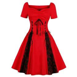 WEITING Vintage Damen Gothic Kleid 4XL Sexy Schulterfrei Schnürung Schwarz Rot Retro Casual Party Steampunk Punk Kleider -rotes Gothic-Kleid-M von WEITING