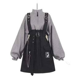 WEITING Y2K Damen Gothic Punk Lolita Hoodies Minikleid Lässig Hohe Taille Langarm Mädchen Fake Zweiteilige Patchwork Kleider + Gürtel Outfit-2 Set Gürtel und Kleid, S von WEITING