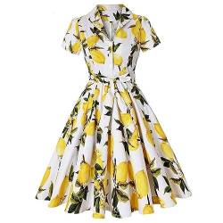 Weißes gelbes Zitronen-Blumenkleid, kurzärmeliges Baumwoll-Tunika-Weste, Elegantes Retro-Swing-Retro-Kleid für Damen, Kleid mit Zitronen-Print, L von WEITING