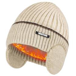 WEITOO Unisex-Winter Beanie Mütze Thermo Strickmütze Laufmützen für Herren und Damen Wintermütze mit Ohrenklappen Geschenke für Männer Fraue (Beige) von WEITOO