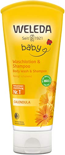 WELEDA Bio Calendula Baby Waschlotion & Shampoo - veganes Naturkosmetik Duschgel zur Hautpflege / Haarpflege bei Neugeborenen. Babypflege Dusche für empfindliche Haut, mild zu den Augen (1x 200ml) von WELEDA
