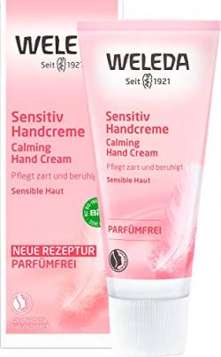 WELEDA Bio Handcreme Sensitiv - parfümfreie Naturkosmetik Handpflege Creme für sensible, empfindliche Haut, Nachhaltige, vegane Feuchtigkeitscreme mit Jojobaöl & Kokosöl für Frauen & Männer (1x50ml) von WELEDA