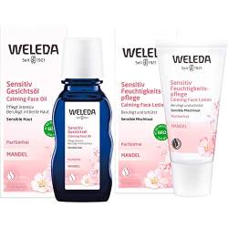 WELEDA Bio Mandel Sensitiv Gesichtsöl, intensives Naturkosmetik Bio Pflegeöl gegen unreine Haut, Hautirritationen und zur Make-up Entfernung (1x50ml) & Bio Mandel Sensitiv Feuchtigkeitspflege(1x30ml) von WELEDA