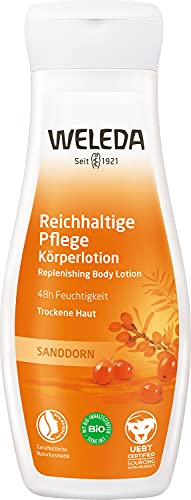 WELEDA Bio Sanddorn Bodylotion - Naturkosmetik Körperpflege Lotion mit Arganöl & Sesamöl spendet bis zu 48h intensive Feuchtigkeit. Natürliche Körperlotion zur Pflege von trockener Haut (vegan, 200ml) von WELEDA