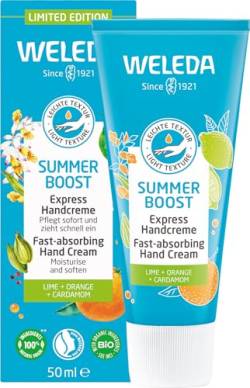 WELEDA Bio Summer Boost Express Handcreme - Limited Edition Naturkosmetik Handpflege Creme mit Sesamöl & Bienenwachs. Handlotion mit Duft nach Limette, Orange & Kardamom für trockene Hände (1x 50ml) von WELEDA