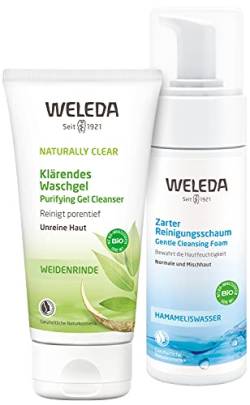 WELEDA Gesichtsreinigung Naturkosmetik Set - Naturally Clear Klärendes Waschgel zur Bekämpfung von Hautunreinheiten + Zarter Reinigungsschaum zur porentiefen Reinigung für normale und Mischhaut von WELEDA