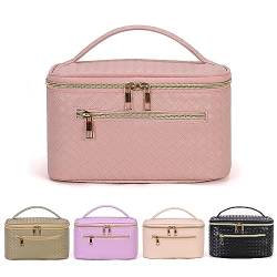 WELLANCE Große Kapazität gewebte Leder Make-up Tasche, Reise Make Up Organizer Kosmetik Pinsel Taschen Fall für Frauen, wasserdichte PU Leder Reise Kulturbeutel, Pink, Tragbar von WELLANCE