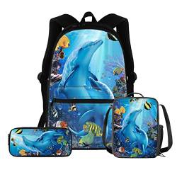 WELLFLYHOM 3er-Pack Schulranzen Rucksack mit Lunchbox für Kinder Federmäppchen, Delfin, Einheitsgröße, Rucksack Rucksäcke von WELLFLYHOM