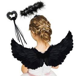 WELLXUNK Engelsflügel Schwarz mit Heiligenschein, Engels Flügel Kostüm, Federflügel Engel, Engel Flügel Kinder, für Halloween Karneval Cosplay Party (Schwarz) von WELLXUNK