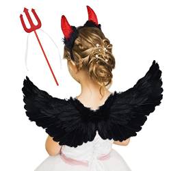 WELLXUNK Engelsflügel Schwarz mit Heiligenschein, Engels Flügel Kostüm, Federflügel Engel, Engel Flügel Kinder, für Halloween Karneval Cosplay Party (Schwarz und Rot) von WELLXUNK