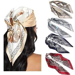 WELROG 100%-Polyester Damen Bandana Halstuch Damen - 4 PCs Kopftuch Vierecktuch Satin Mädchen（Set #6 von WELROG