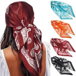 WELROG 90x90cm Große quadratische Fleckschals für Damen 4 PCs Frauen Seidig wie Kopftuch Bandanas Haarschal Halstuc Schlafringe (Set #11) von WELROG