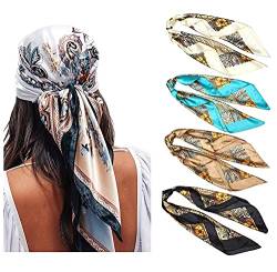 WELROG 90x90cm Große quadratische Fleckschals für Damen 4 PCs Frauen Seidig wie Kopftuch Bandanas Haarschal Halstuc Schlafringe (Set #3) von WELROG