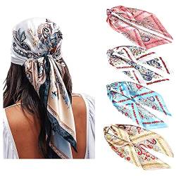 WELROG 90x90cm Große quadratische Fleckschals für Damen 4 PCs Frauen Seidig wie Kopftuch Bandanas Haarschal Halstuc Schlafringe (Set #6) von WELROG