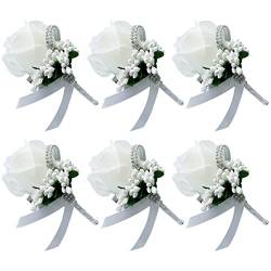Handgelenk-Blume, 6 Stück, for Hochzeit, Boutonniere-Blume, Blumen-Anstecknadel, Boutonniere-Corsage-Zubehör, Mädchen, Männer, künstliche Rose, Corsage for Braut und Bräutigam (Size : White+Gray) von WENFEN