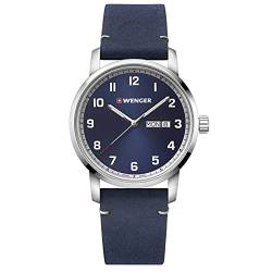 WENGER Herren Armbanduhr Attitude Ø 42mm, Swiss Made, Analog Quarz, Wasserdicht bis 100m, Leder-Armband, Blau/Silber, 01.1541.115 von WENGER