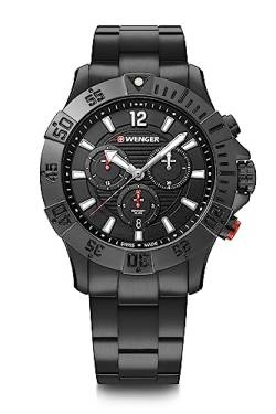 WENGER Herren Armbanduhr Seaforce Chronograph Ø 43mm, Swiss Made, Analog Quarz, Wasserdicht bis 200m, Edelstahl-Armband, Schwarz, 01.0643.121 von WENGER