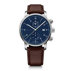 WENGER Herren Armbanduhr Urban Classic Chronograph Ø 42mm, Swiss Made, Analog Quarz, Wasserdicht bis 100m, Leder-Armband, Blau/Braun, 01.1743.125 von WENGER